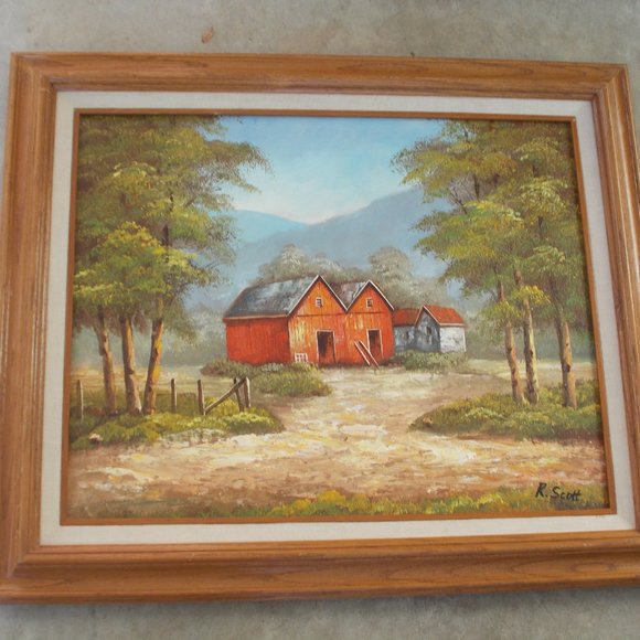 Vintage Rustic Barn Scene by R. Scott Signed & Framed Oil Painting - Picture 2 of 4